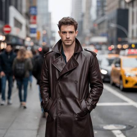 Brown Leather Double-Breasted Trench Coat