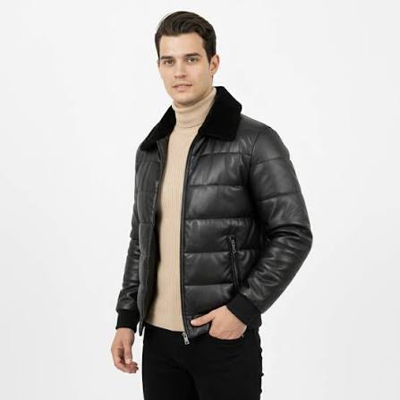 Black Quilted Leather Bomber with Fur Collar
