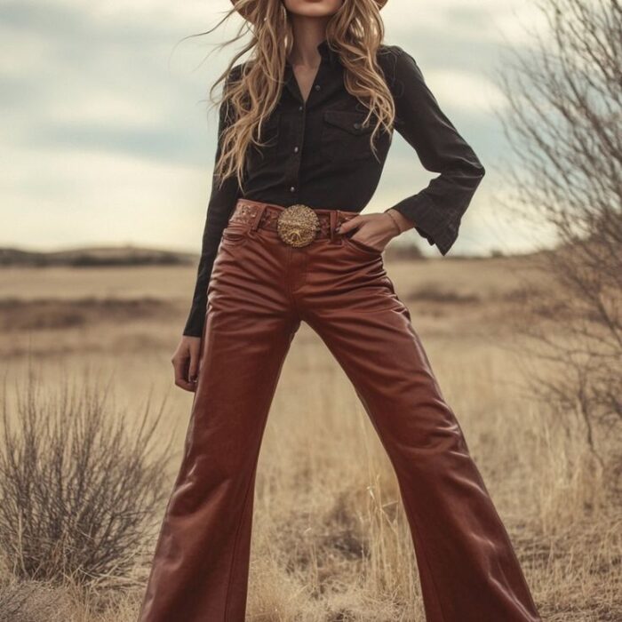 Rust Leather Flared Western Pants