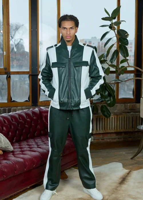 Green & White Leather Track Suit