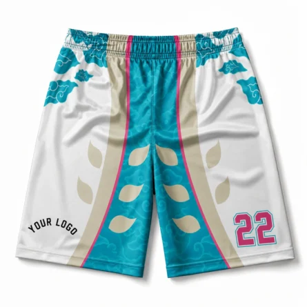 White & Teal Basketball Shorts with Leaf Pattern