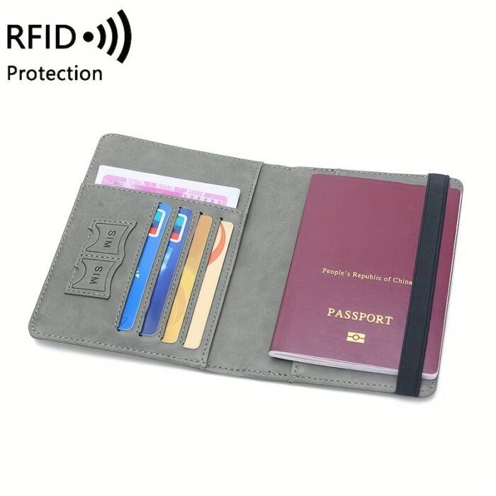 Grey Leather RFID-Blocking Travel Wallet