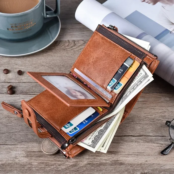 Tan Leather Trifold Wallet, Open